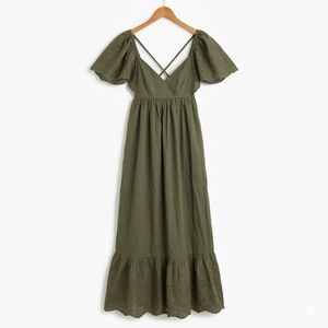 NWT En Saison Green Eyelet Maxi Dress Puff Sleeve Cross Back Boho Ruffle Size XS